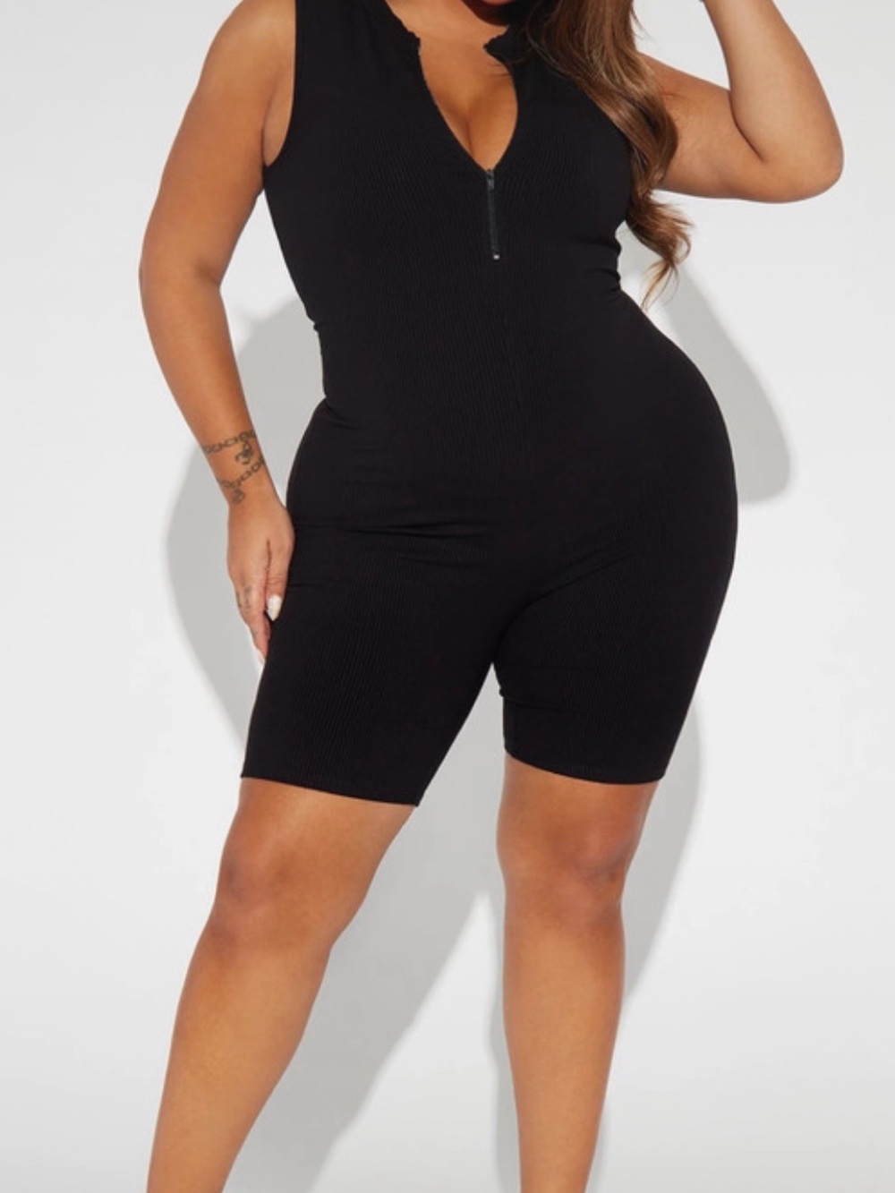 Black Zip-Front Ribbed Jumpsuit FN